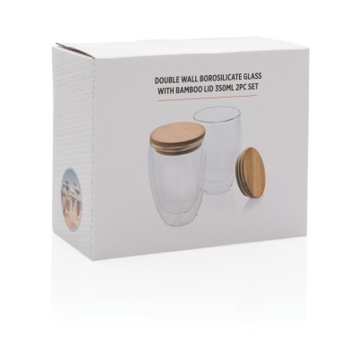 Vidrio promocional de borosilicato de doble pared y tapa bambú 350ml